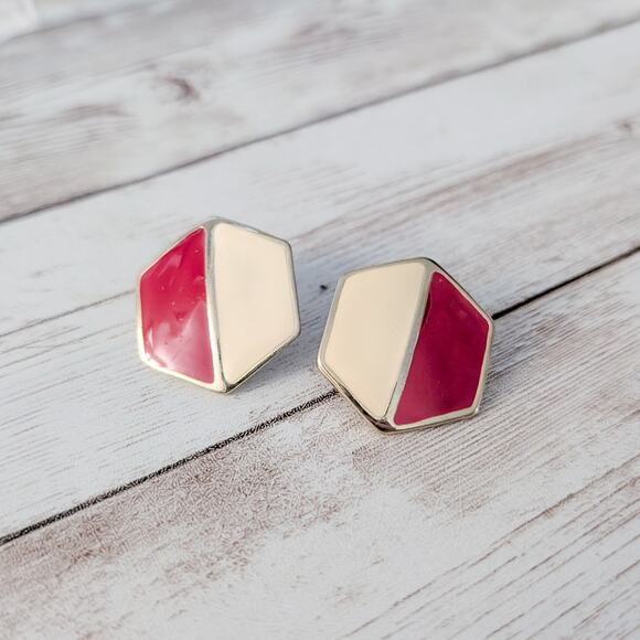 Vintage Stud Earrings 6 Sided Red & Cream Large Retro - Picture 2 of 5